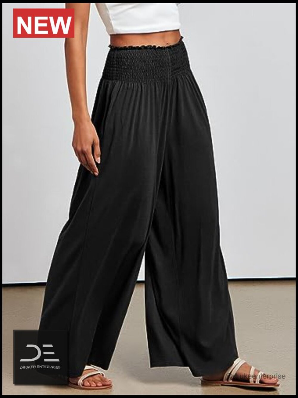 Wide Leg Palazzo Pants with Pockets, High Rise Smocked Waist, Summer Boho - Picture 4 of 7